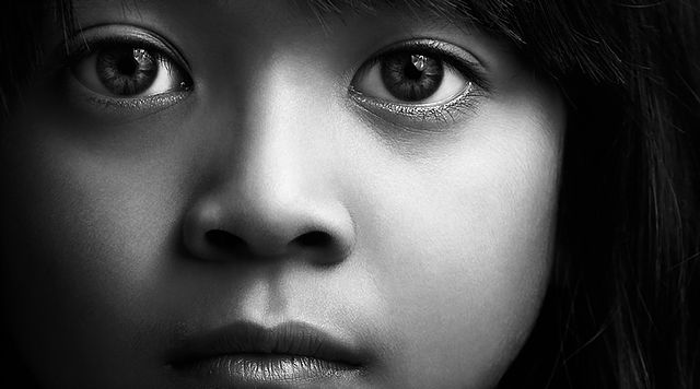 A child’s face in black and white